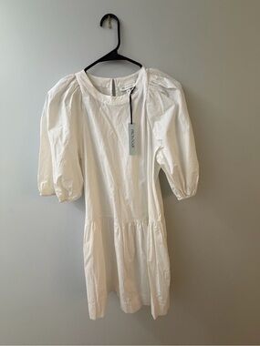 Prologue White Puff-Sleeve Mini Dress with Gathered Waist